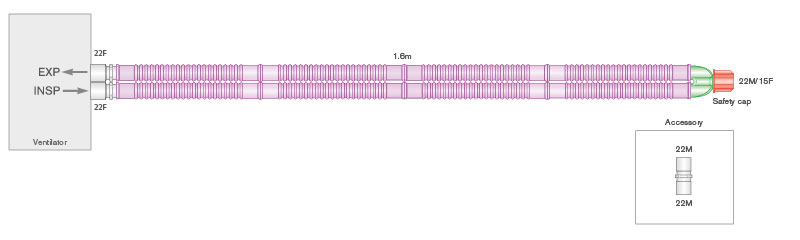 22mm skersmens Silver Knight™ antimikrobinė Flextube™ kvėpavimo sistema, sistemos ilgis 1.6m